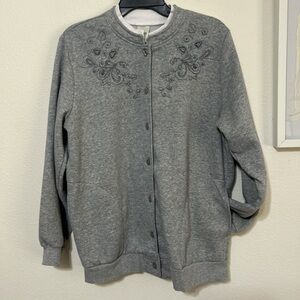 Blair Vintage Gray Sweatshirt Cardigan Jacket Embroidered Floral Grandma Core